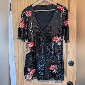 Zara Black Sequin Dress with Floral Accents